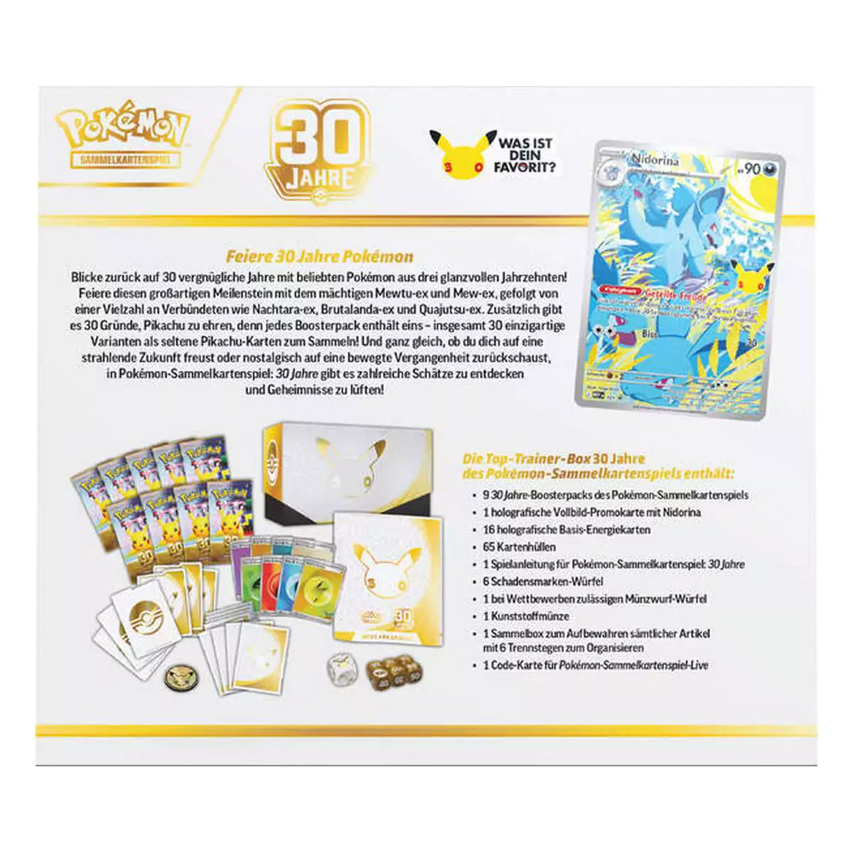 Pokémon 30 Jahre Top Trainer Box – Inhalt mit Sleeves und Würfeln
