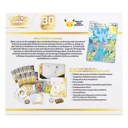 Pokémon 30 Jahre Top Trainer Box – Inhalt mit Sleeves und Würfeln