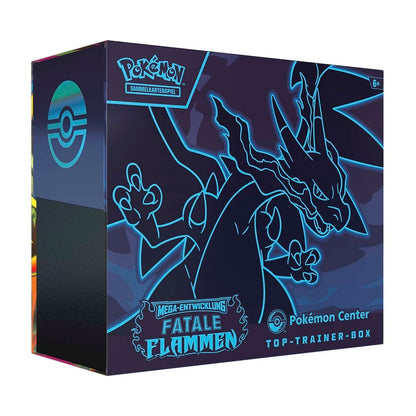 Pokémon Center Top-Trainer-Box Mega-Entwicklung Fatale Flammen DE – Frontansicht JustNerdsTCG