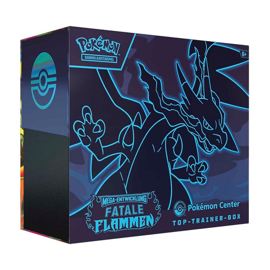 Pokémon Center Top-Trainer-Box Mega-Entwicklung Fatale Flammen DE – Frontansicht JustNerdsTCG